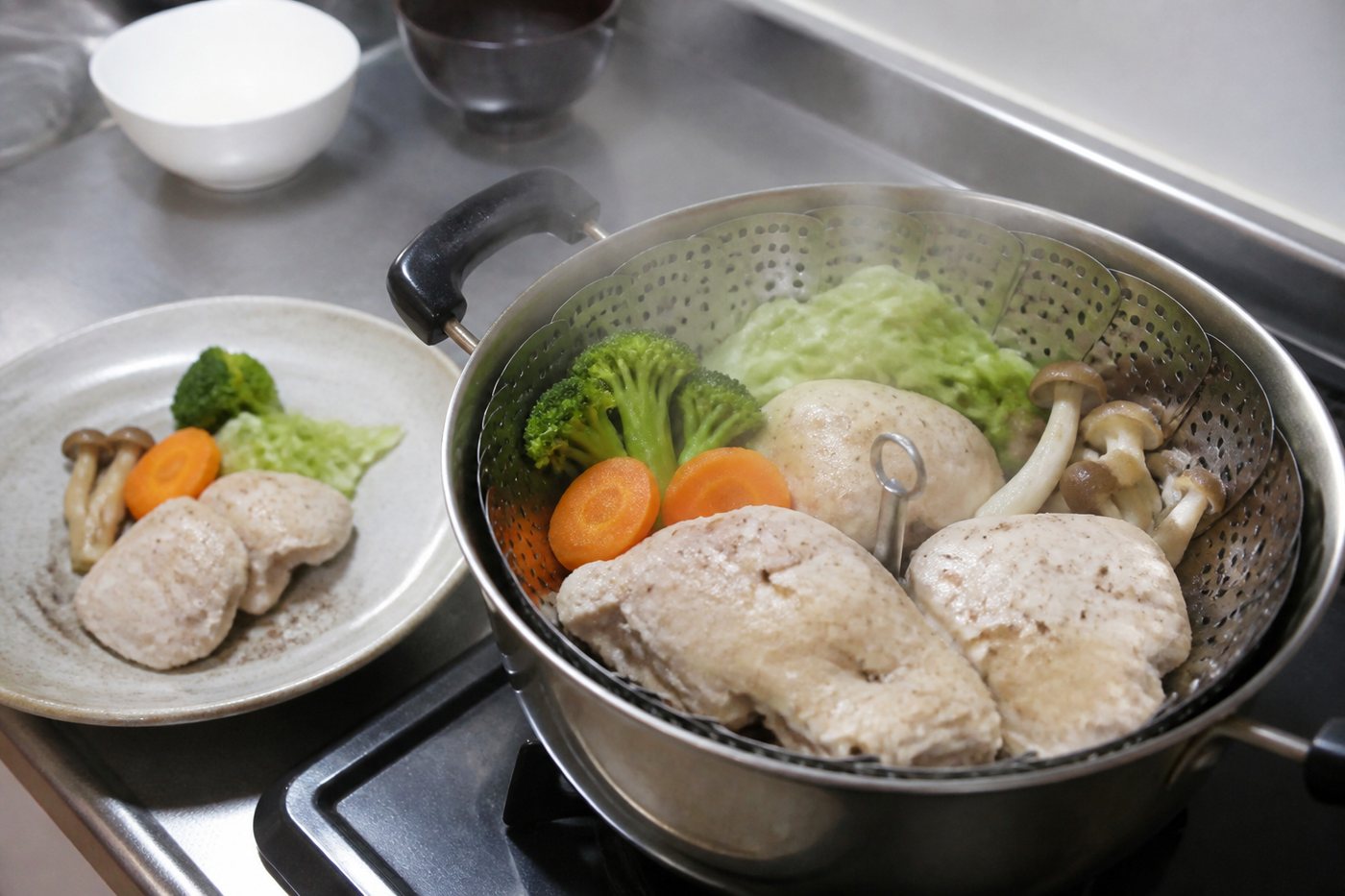 蒸し器で鶏肉と野菜を簡単に調理している様子