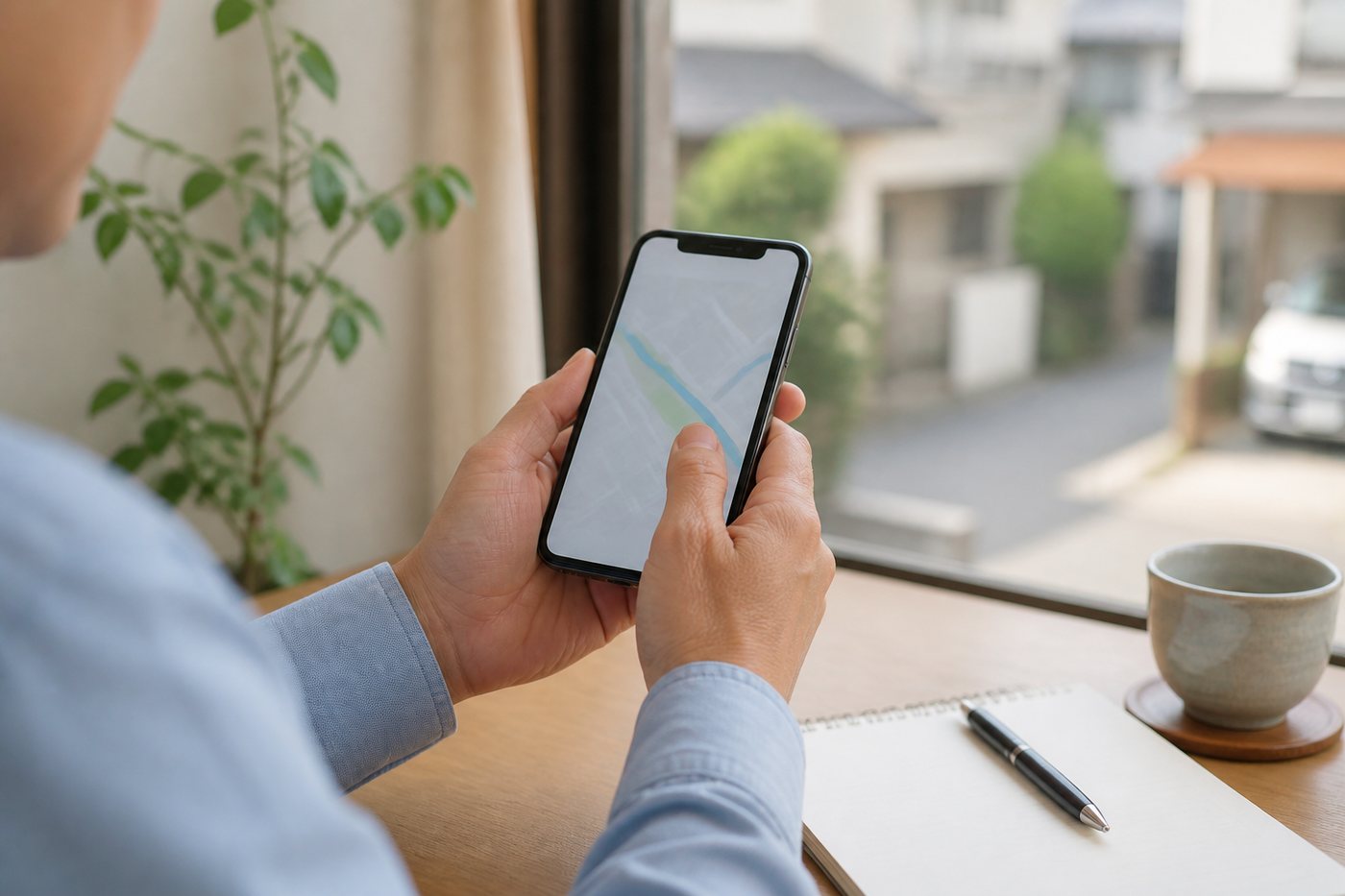 スマホ乗り換え後に地図のような画面を確認する手元