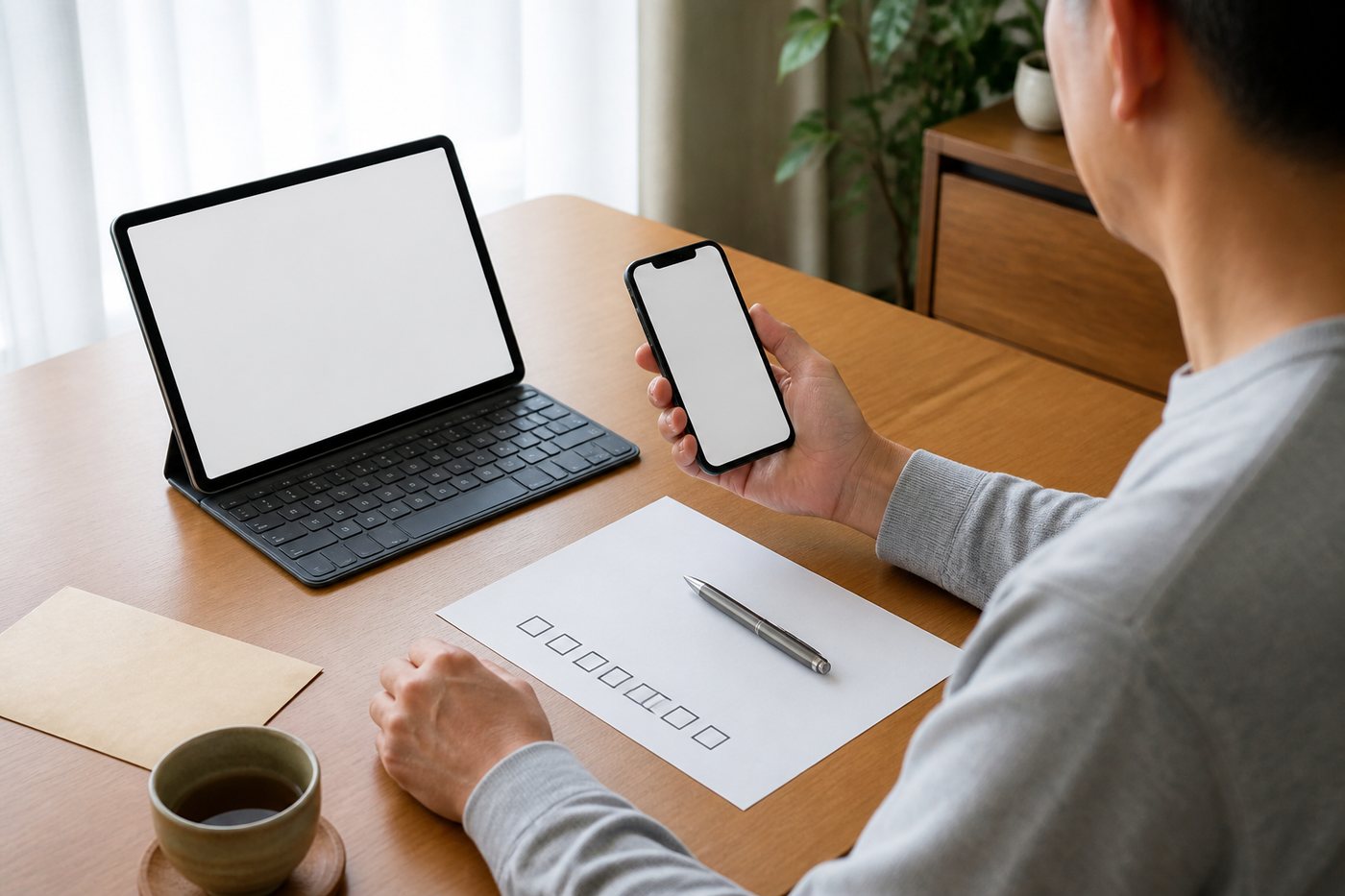 スマホとタブレットとチェックリストを見ながらeSIM申し込みを進める手元