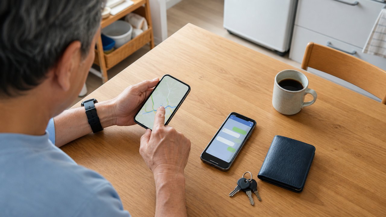 地図アプリとメッセージアプリを確認するスマホと財布と鍵