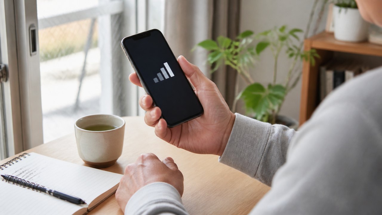 窓際でスマホの電波表示を確認する50代男性の手元