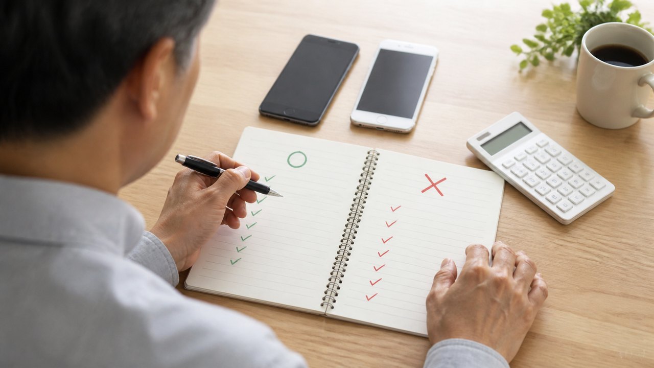 2台のスマホとノートで携帯会社の向き不向きを比較する50代男性の手元