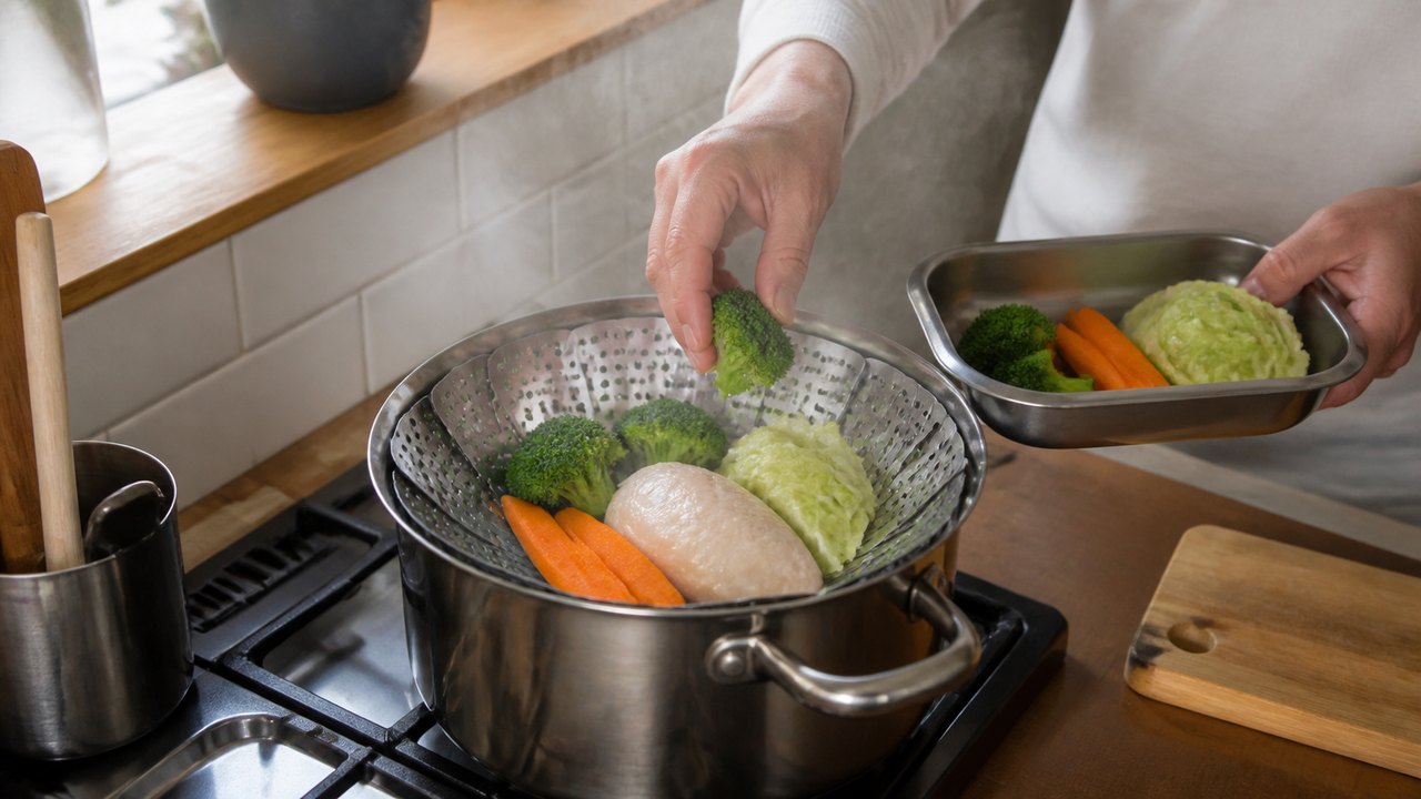鍋の中の開閉式蒸し器に鶏むね肉と野菜を入れて調理する手元