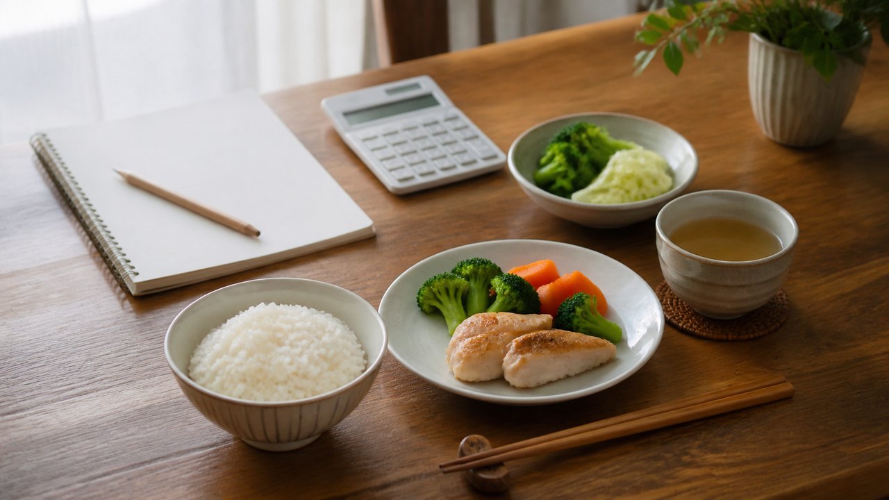 自炊した鶏肉と野菜とご飯と電卓を置いた食卓