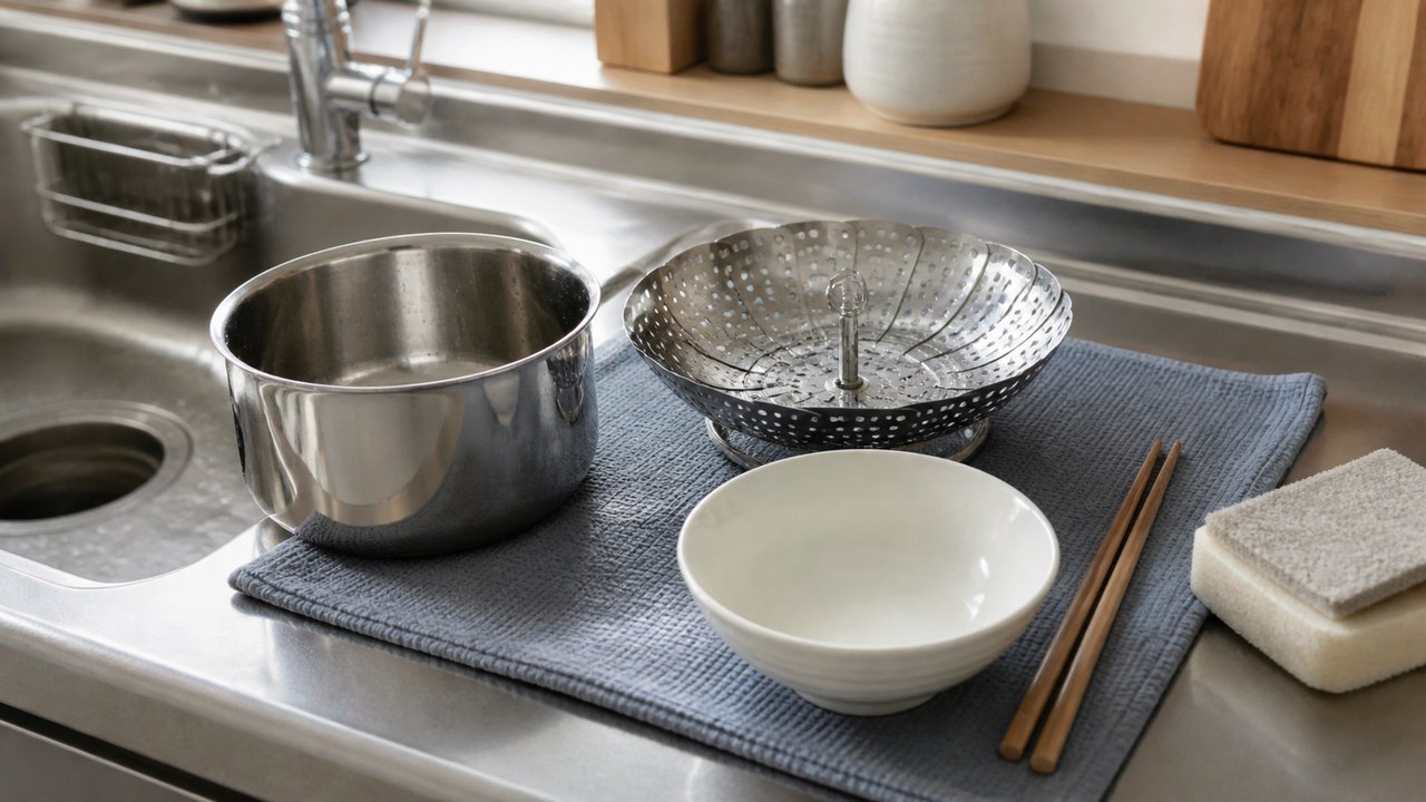 洗った鍋と開閉式蒸し器と器がキッチンで乾いている様子