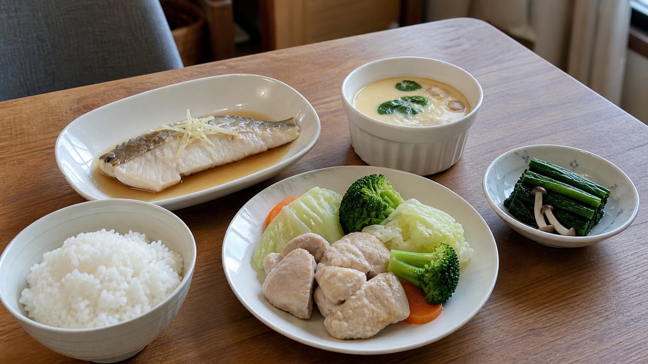 蒸し鶏や蒸し魚や蒸し卵とご飯を一人分並べた食卓