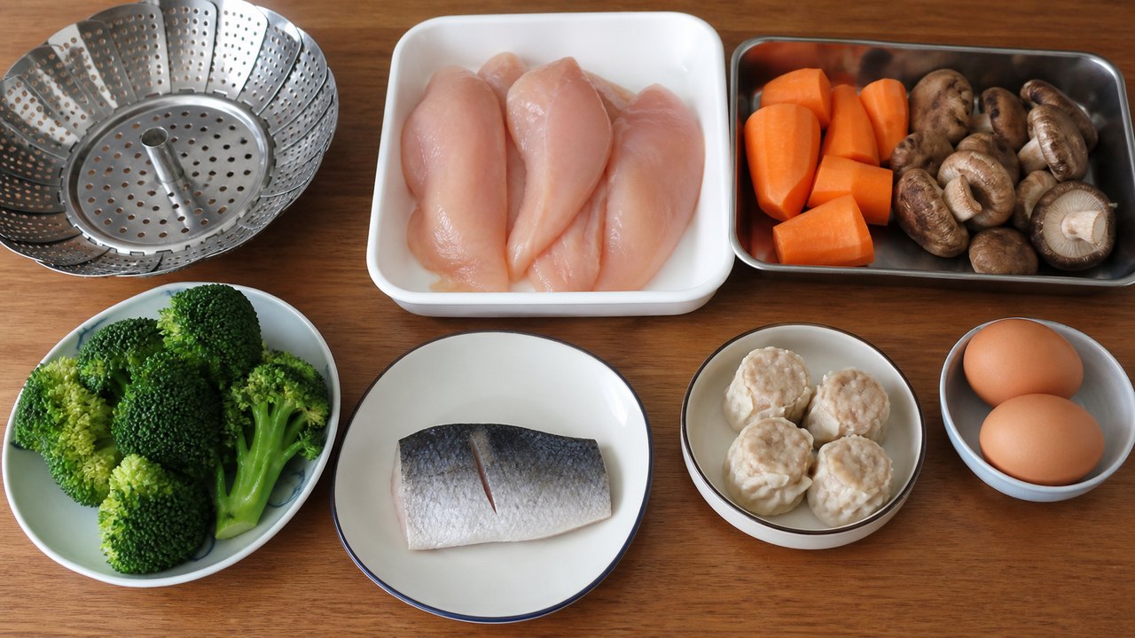 鶏むね肉や魚や野菜や卵と開閉式蒸し器を並べた台所