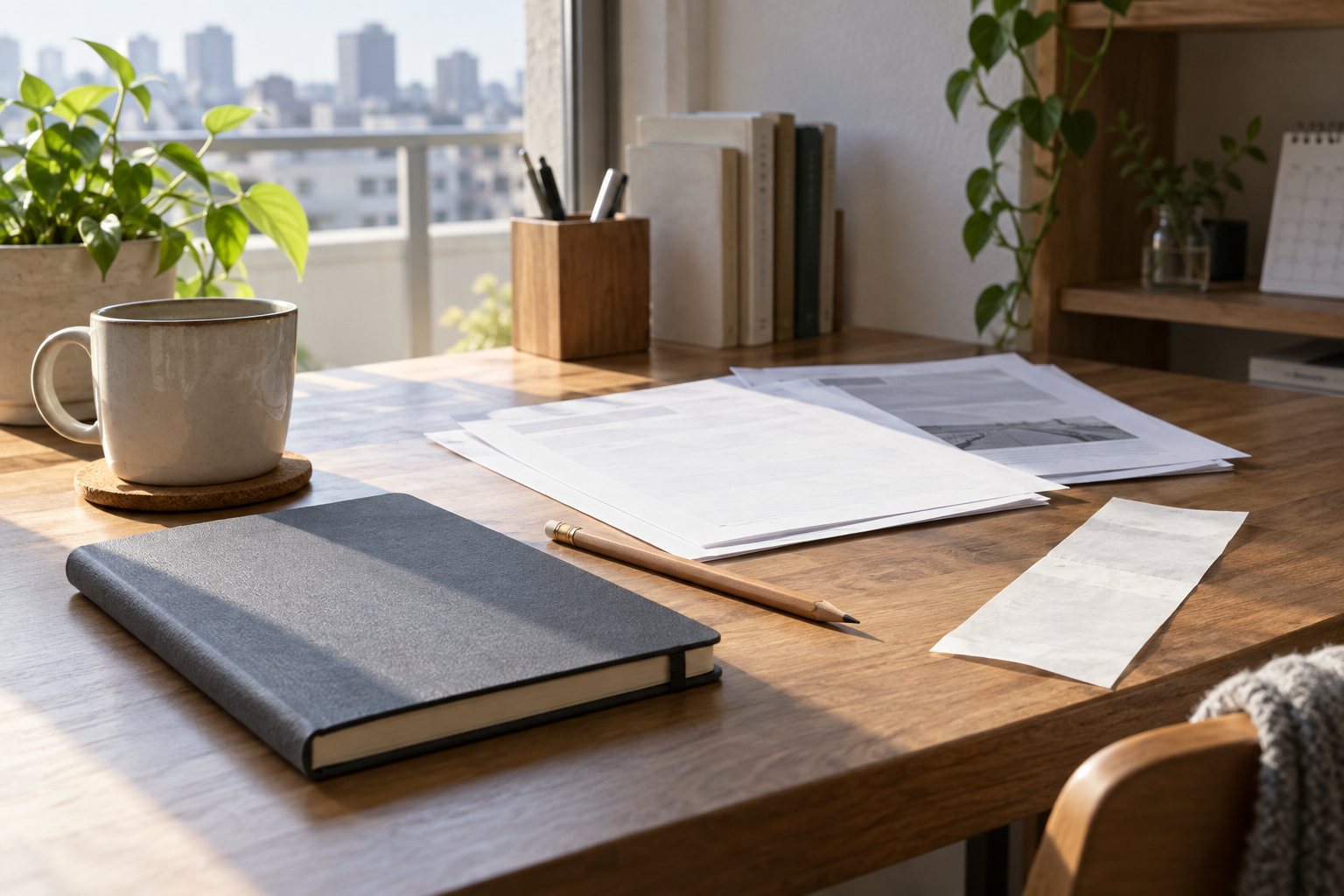 講座の資料を思わせる紙とノートが置かれた机のイメージ画像