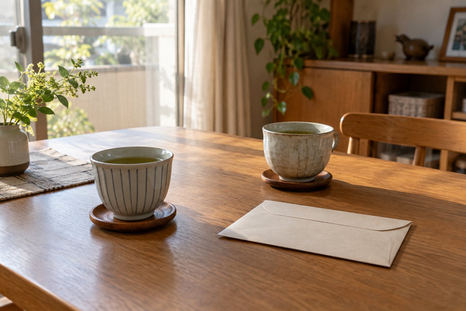 湯飲み二つと封筒がある食卓のイメージ画像
